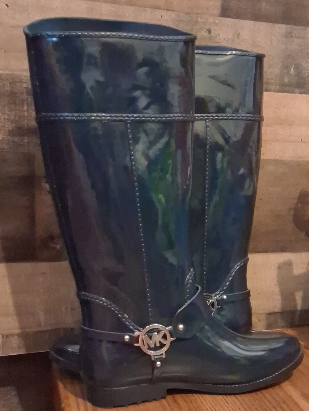 Michael Kors Fulton Harness Black Tall Rubber Rain Boots MK Silver Logo Womens 9